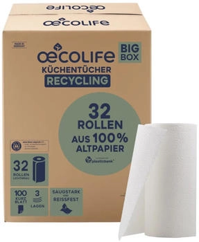 oecolife Fripa Küchentücher, RECYCLING, 3-lagig, lichtgrau 3293200 , 1 Karton = 32 Rollen à 100 Blatt