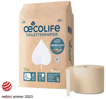 oecolife Fripa Toilettenpapier, UNGEBLEICHT, 3-lagig 1600602 , 1 Beutel = 6 Rollen à 150 Blatt