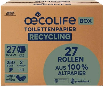 oecolife Toilettenpapier 1592703, 3-lagig, grau, 250 Blatt/Rolle, 27 Stück