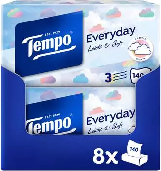 Tempo Taschentücher Box XXL Light Box 3-lagig 830490 1 Großpackung = 8 Boxen à 140 Tücher