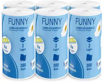 Plock Funny Jumbo K&uuml;chenrollen 2-lagig a 300 Blatt Zellstoff wei&szlig; 6 Rollen wei&szlig; Papier AG-069