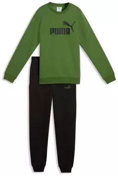 Puma ESS NO1 Logo Crew Sweat Suit FL B Trainingsanzug, relaxed fit (88029126) earthy grün/schwarz