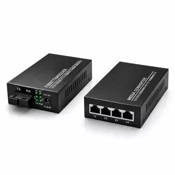 Elfcam Glasfaser-Ethernet-Konverter SC Monomode, 4x SFP + 4x RJ45, bis 20km (2er-Set)