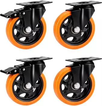 Relaxdays Lenkrollen 4er Set 125mm 600kg mit Bremse Stahlplatte schwarz/orange