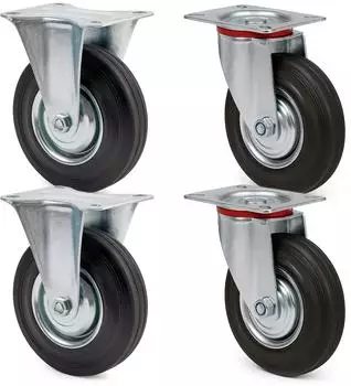 Wiltec Transportrollen-Set 2x Lenkrolle, 2x Bockrolle, Vollgummi, 200mm, 150kg (64963)