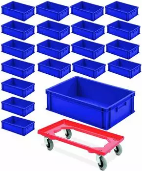 BRB Eurobeh&auml;lter 600x400x175mm blau, 20er-Set mit Transportroller (00024763)