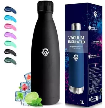 grsta Isolierflasche Edelstahl 1l, BPA-Frei, Vakuum Doppelwandig, Schwarz (Grsta-QPKLP-1000ML-Black-6c)