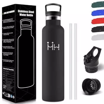 HoneyHolly Isolierflasche 1L Edelstahl doppelwandig BPA-frei mit Strohhalm (HH-TYZKP-1000ML-Black-6c)