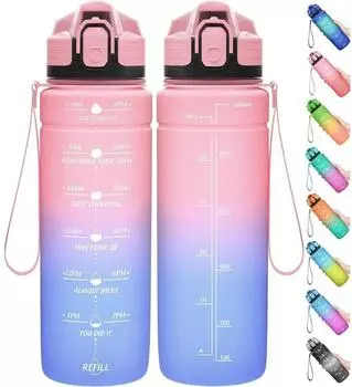 LuxusKollektion Trinkflasche mit Zeitmarkierung 1000ml, Tritan, auslaufsicher, hellrosa-blau