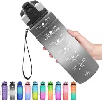 LuxusKollektion Trinkflasche Tritan 1l mit Zeitmarkierung, BPA-frei, grau/wei&szlig;