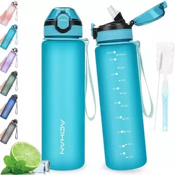 LuxusKollektion Trinkflasche 1L mit Klappdeckel und Strohhalm, BPA-frei