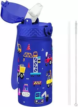 LuxusKollektion Kinder-Trinkflasche mit Strohhalm, Edelstahl, blaues Baufahrzeug, 420ml