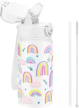 LuxusKollektion Trinkflasche Kinder 420ml Edelstahl mit Strohhalm, wei&szlig;er Regenbogen