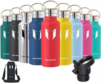 Super Sparrow Edelstahl-Trinkflasche BPA-frei, auslaufsicher, 2 Deckel (350ml–1L)