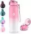 LuxusKollektion Trinkflasche mit Strohhalm, doppelwandig, Edelstahl, 700ml, rosa-weiß