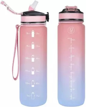LuxusKollektion Sport-Wasserflasche 1l mit Strohhalm und Zeitmarkierungen, BPA-frei, pink/blau