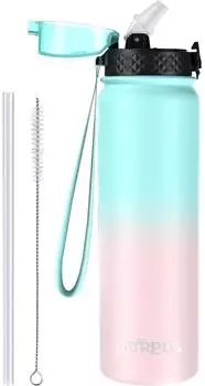 LuxusKollektion Isolierflasche mit Strohhalm 1L, Edelstahl, gr&uuml;n/rosa, auslaufsicher