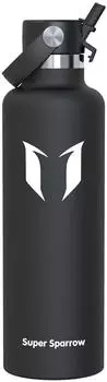 Super Sparrow FlipFlow Trinkflasche Edelstahl 1000ml, schwarz, mit Strohhalm, BPA-frei