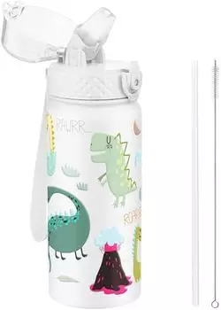 LuxusKollektion Kinder-Trinkflasche Edelstahl mit Strohhalm, wei&szlig;es Dinosaurier-Design, 550ml