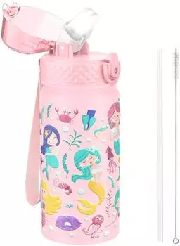 LuxusKollektion Trinkflasche Kinder, Edelstahl mit Strohhalm, rosa Meerjungfrau, 420ml