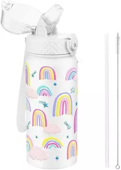 LuxusKollektion Trinkflasche Kinder, Edelstahl mit Strohhalm, wei&szlig;er Regenbogen, 550ml