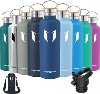 Super Sparrow Edelstahl-Trinkflasche 1000ml, auslaufsicher, BPA-frei, 2 Deckel, kobalt