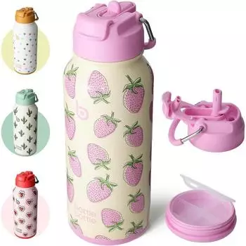 LuxusKollektion Trinkflasche Edelstahl 1L mit Strohhalm & Pillenfach, doppelwandig, BPA-frei, s&uuml;&szlig;e Beere