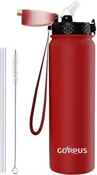 LuxusKollektion Thermoflasche mit Strohhalm, Edelstahl, 1L, rot