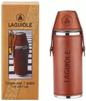 Laguiole Flachmann-Set Edelstahl, Kunstleder, braun, 235ml, 2 Becher