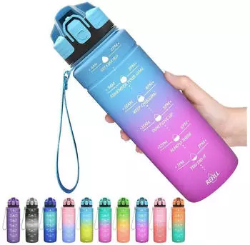 LuxusKollektion Trinkflasche Tritan BPA-frei 1000ml blau-lila mit Zeitmarkierung