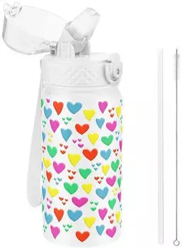 LuxusKollektion Kinder-Trinkflasche mit Strohhalm, Edelstahl, weißes Herz, 420ml