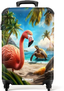 NoBoringSuitcases.com® Kids 4-Rollen-Trolley 55 cm Flamingo und Schildkröte am tropischen Strand