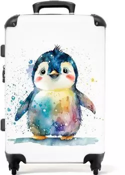 NoBoringSuitcases.com® Kinderkoffer Pinguin Aquarell, 4 Rollen, TSA-Schloss, 72L (67cm)