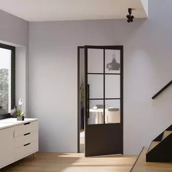 Inova Loft Glastür 830 x 2115 mm Klarglas 6 Felder Kickplatte DIN Rechts Komplettset Beschlag in Schwarz mit Griffstange und Zarge