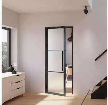 Inova Loft Glastür 834 x 1972 mm Satiniert 3 Felder DIN Links Komplettset Beschlag in Schwarz mit Griffstange und Zarge