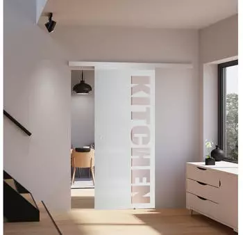 Inova Glasschiebet&uuml;r Kitchen Schriftzug 755 x 2035 mm Komplettset mit Griffmuschel inkl. 2Seitiger Softclose