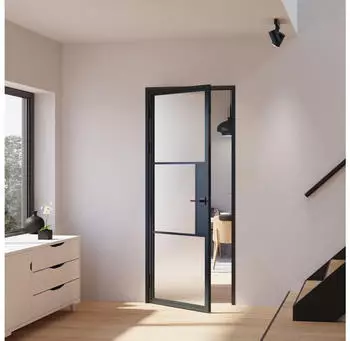 Inova Loft Glast&uuml;r 834 x 1972 mm Satiniert 3 Felder DIN Links Komplettset Beschlag in Schwarz mit T&uuml;rklinke und Schloss