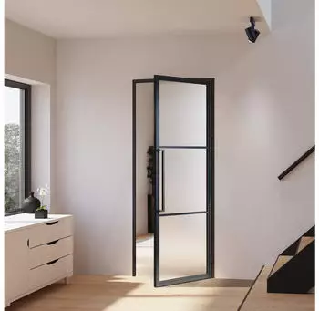 Inova Loft Glast&uuml;r 830 x 2115 mm Satiniert 3 Felder DIN Rechts Komplettset Beschlag in Schwarz mit Griffstange und Zarge
