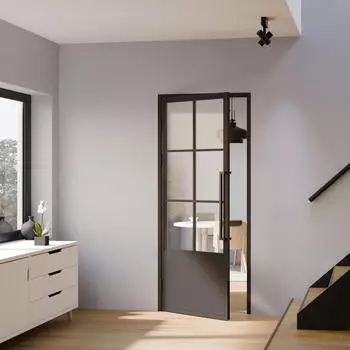 Inova Loft Glastür 830 x 2040 mm Klarglas 6 Felder Kickplatte DIN Links Komplettset Beschlag in Schwarz mit Griffstange und Zarge
