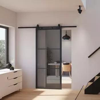 Inova Loftstyle Glasschiebet&uuml;r Grauglas 900x2150mm, offene Laufschiene schwarz, beidseitiger Softclose
