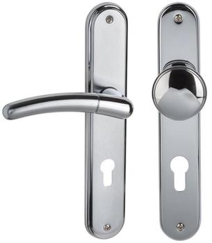 ALPERTEC Langschildgarnitur Beate chrom/poliert/satiniert PZ mit Knopf + Dr&uuml;cker f&uuml;r Wohnungseingangst&uuml;r rechts