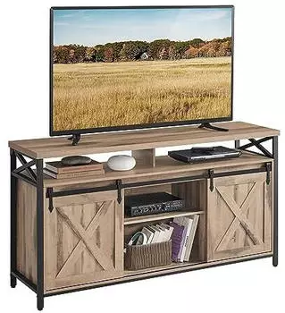 Vasagle TV-Schrank bis 65 Zoll, verstellbare Einlegeb&ouml;den, Scheunentor-Stil, Kamelbraun & Schwarz (LTV071B50V1)