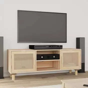 vidaXL TV-Schrank Braun 105x30x40cm Massivholz Kiefer & Natur-Rattan (345617)