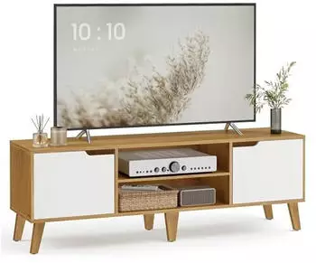 Vasagle LTV556Y01 TV-Schrank mit verstellbarer Ablage, 147cm, &Uuml;bergangsstil, natureichenfarben-cremewei&szlig; (LTV556Y01)