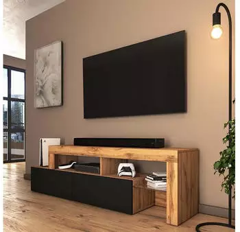 Selsey Asten TV-Lowboard asymmetrisch 172cm LED Wotan-Eiche schwarze Front (Asten)