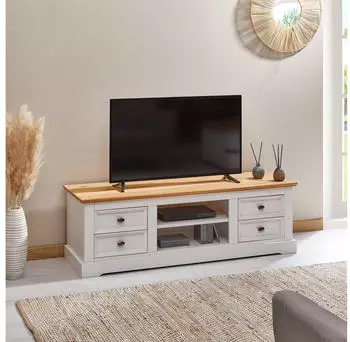 Idimex Kent TV-Lowboard 144cm Massivholz Wei&szlig;/Eiche 4 Schubladen (81389)