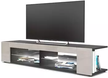 Vladon Movie TV-Lowboard 4 offene F&auml;cher, schwarz matt/sandgrau hochglanz, LED-Beleuchtung (134x29x39cm)