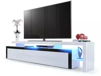 Vladon Leon V3 Lowboard mit LED, wei&szlig; Hochglanz/schwarz Hochglanz, 227x52x35cm