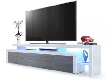 Vladon Leon V3 Lowboard mit LED, Avola-Anthrazit/wei&szlig; Hochglanz (227x52x35cm)