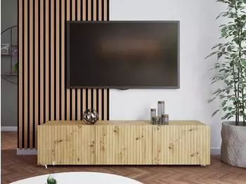 Beautysofa Kavell TV-Schrank 150cm, 3 Türen, geriffelte Fronten, Eiche Artisan